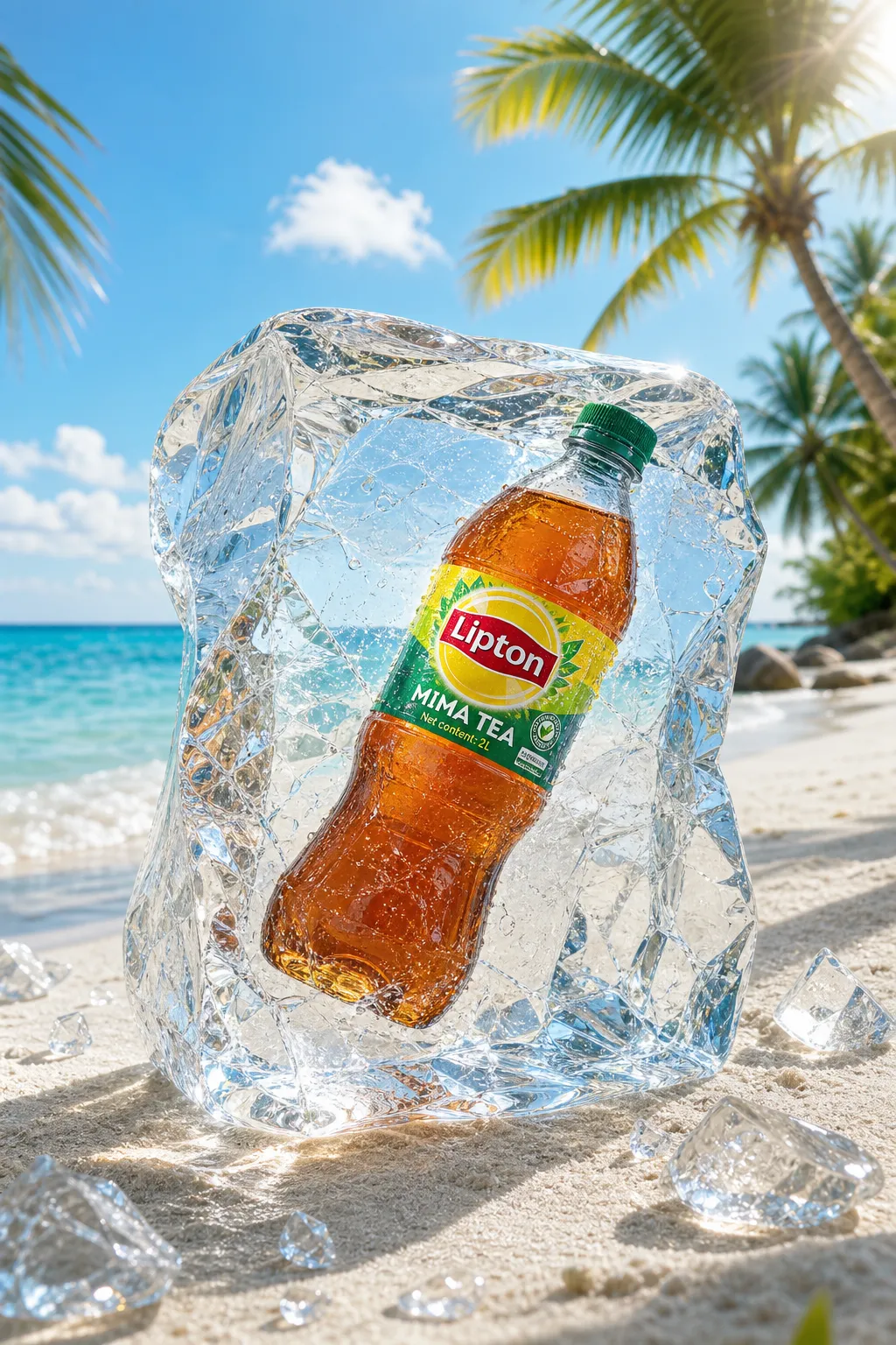 Lipton Mima Tea bottle frozen in ice on a tropical beach｜AI Image Generation Prompts