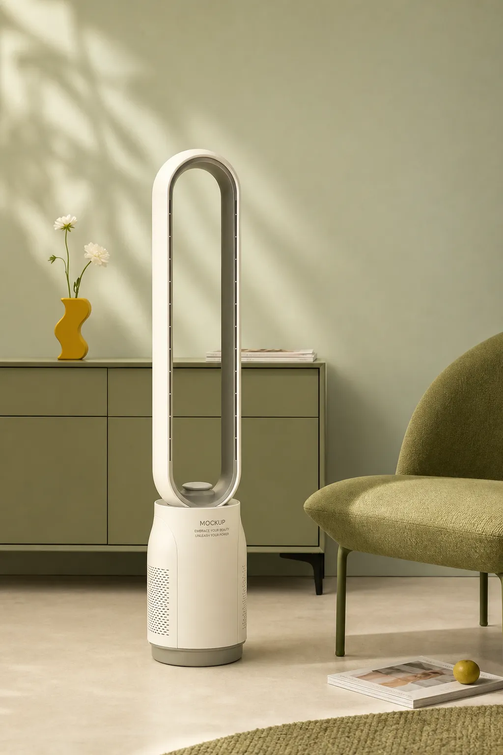 White Bladeless Fan Mockup in Modern Living Room｜AI Image Generation Prompts