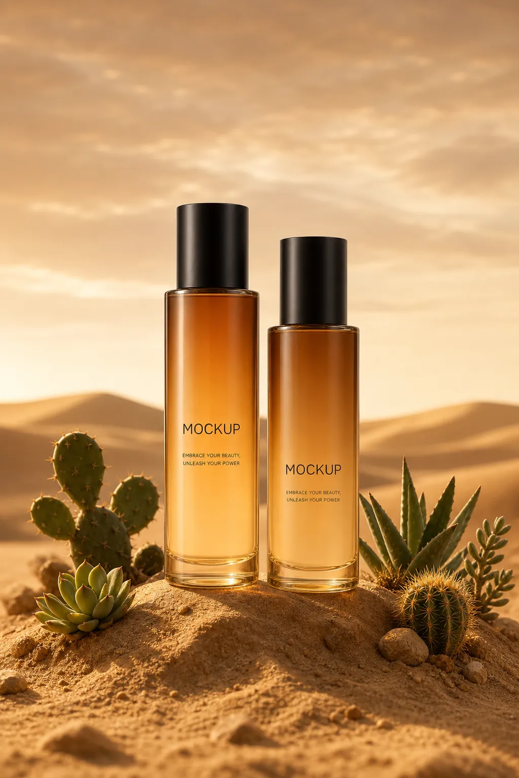 Two Amber Glass Bottles in Desert Setting Mockup｜AI Image Generation Prompts