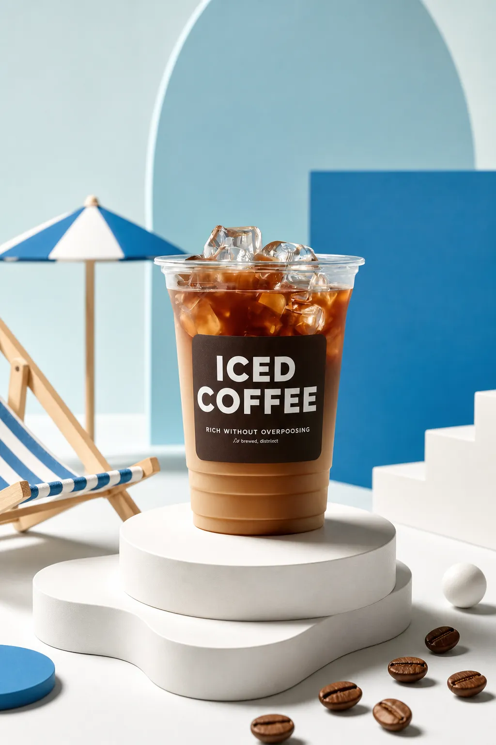 Iced Coffee Cup on White Podium with Summer Props｜AI Image Generation Prompts