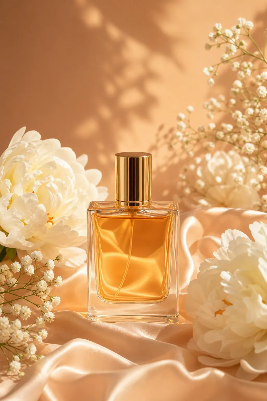 Amber perfume bottle surrounded by white flowers on silk.｜AI Image Generation Prompts
