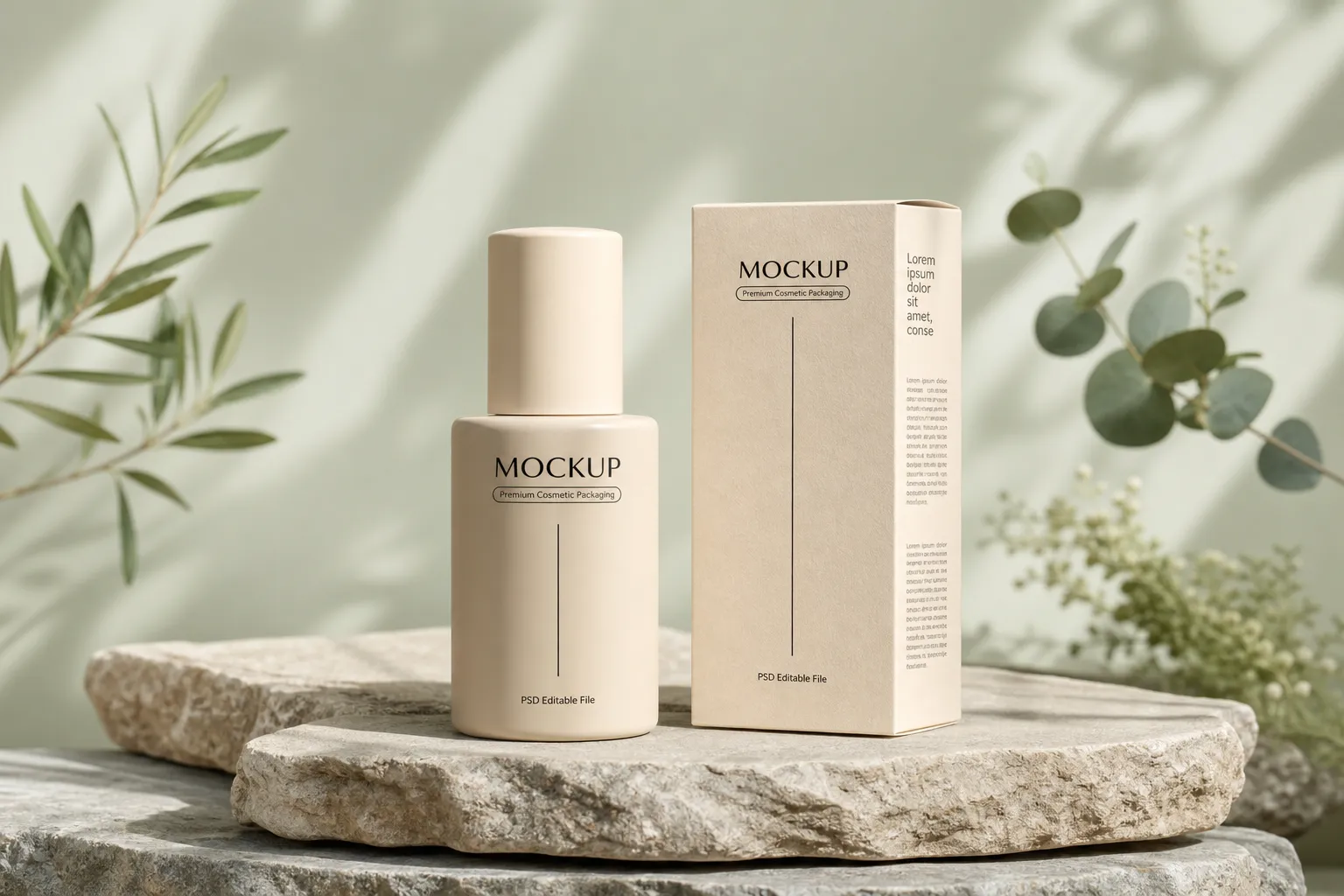 Beige Cosmetic Bottle and Box Mockup on Stone｜AI Image Generation Prompts
