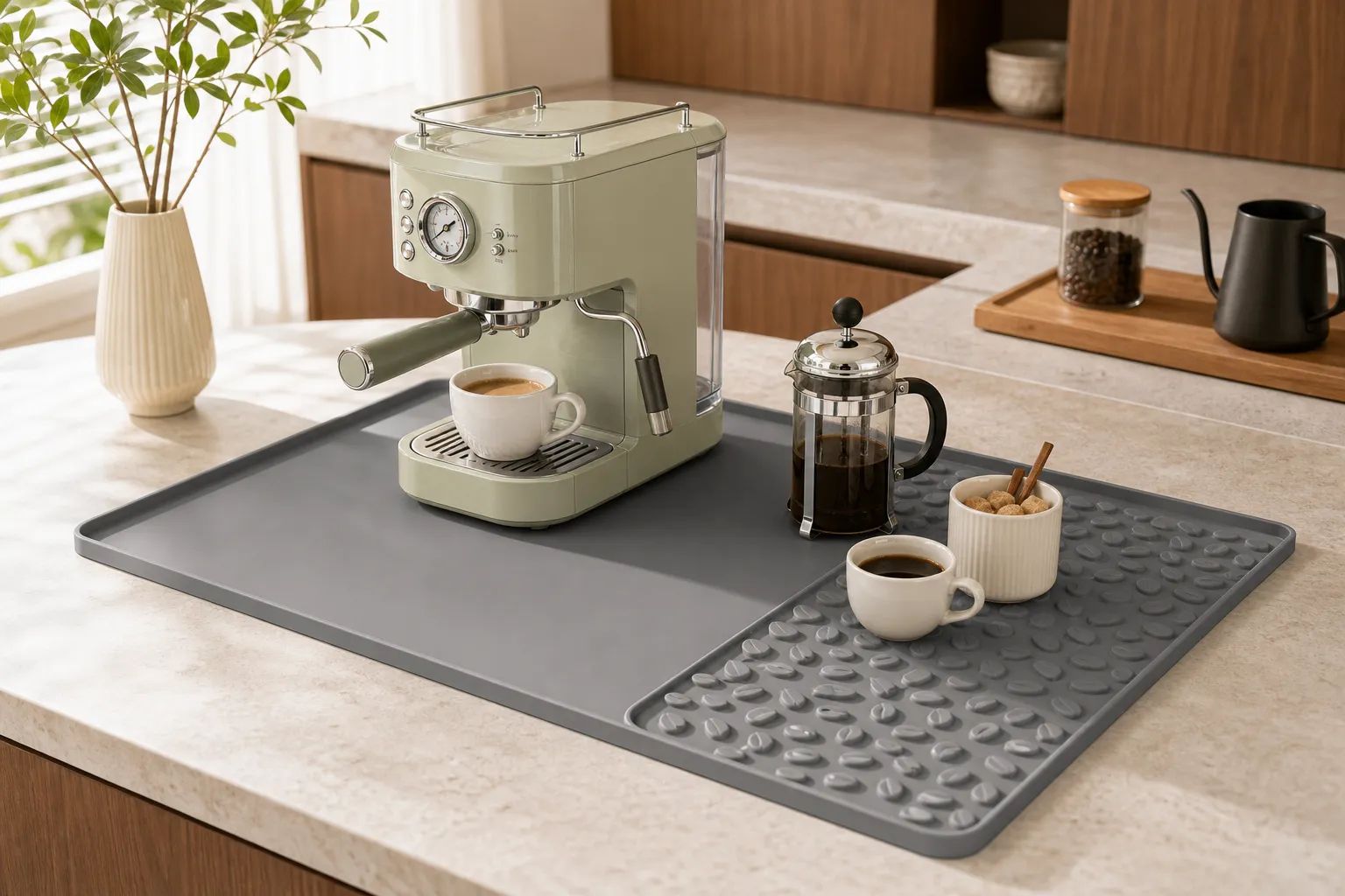 Grey Silicone Coffee Mat with Espresso Machine｜AI Image Generation Prompts