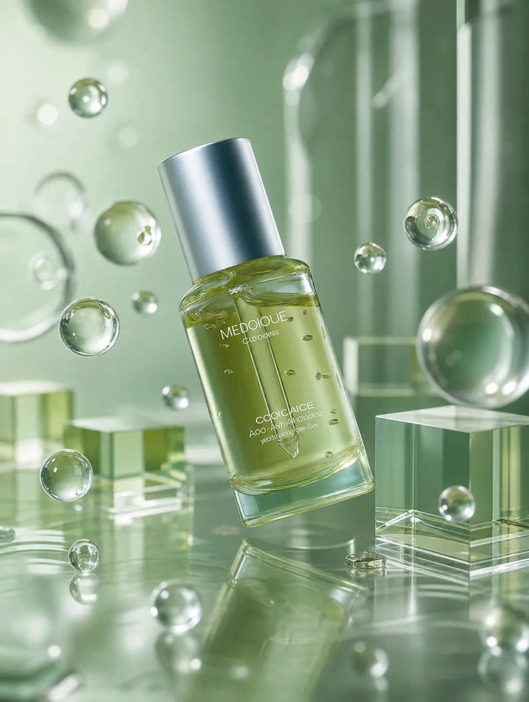 Green skincare serum bottle with floating bubbles｜AI Image Generation Prompts