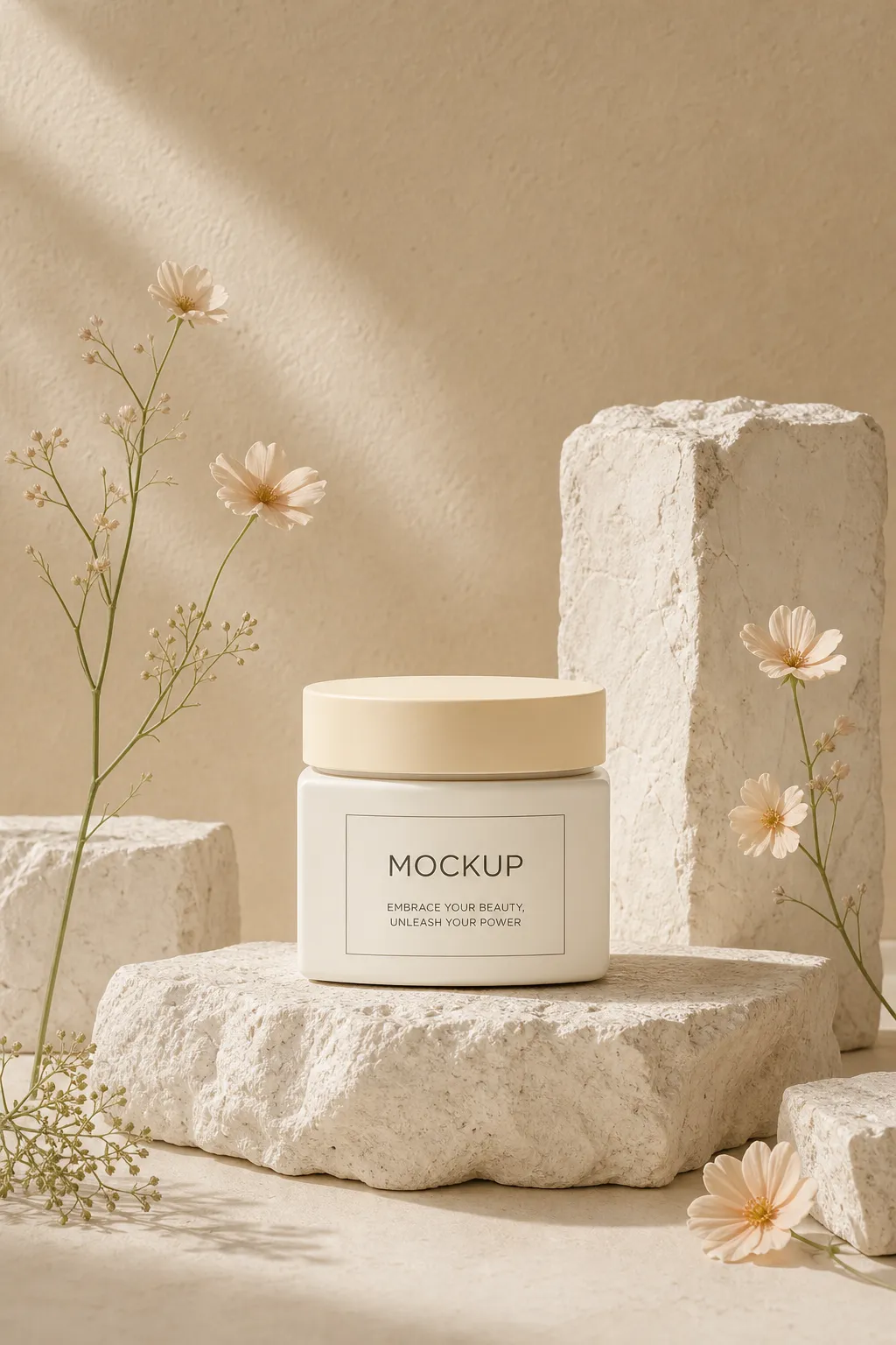 White Cosmetic Jar Mockup on Stone Podium｜AI Image Generation Prompts