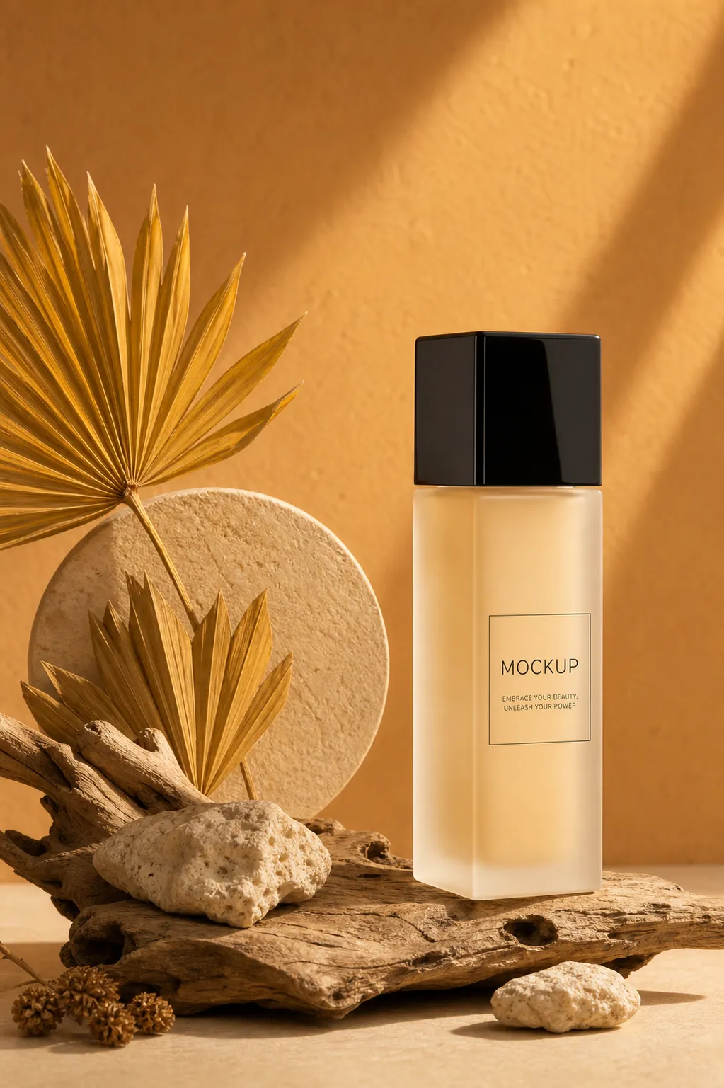 Cosmetic Bottle Mockup on Driftwood with Dried Leaves｜AI Image Generation Prompts