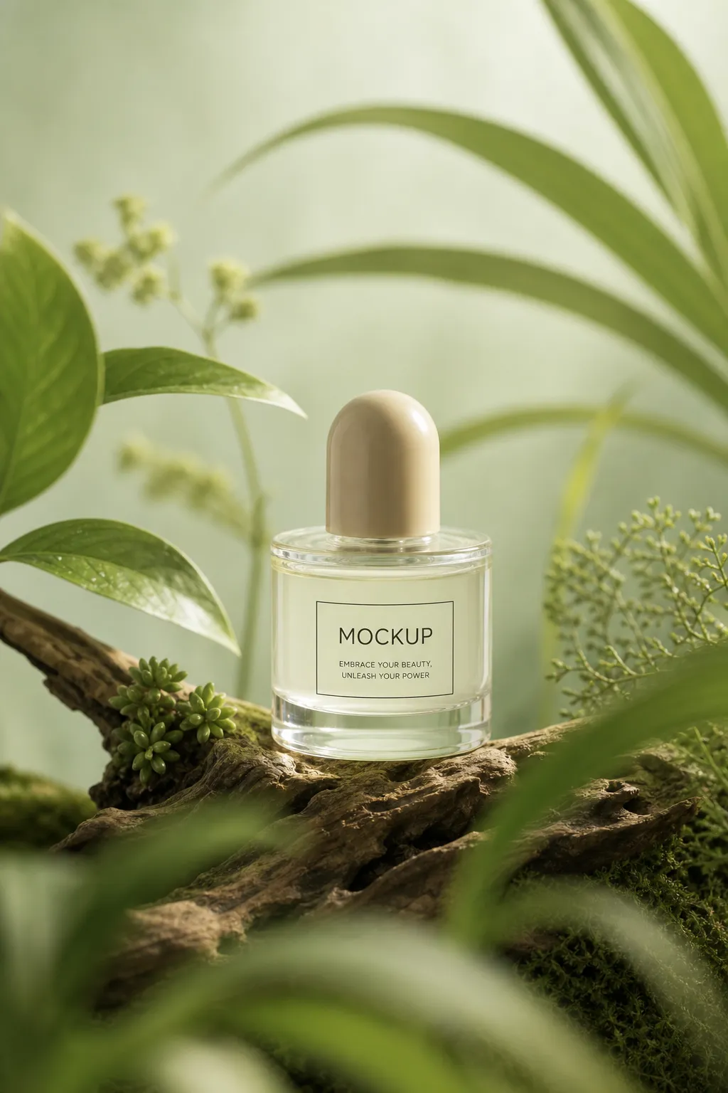 Perfume bottle mockup surrounded by green leaves｜AI Image Generation Prompts