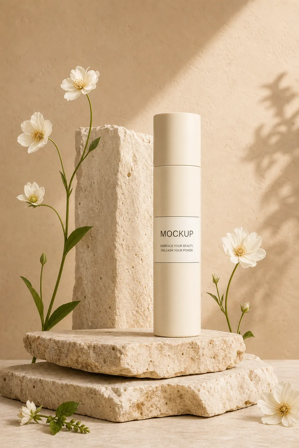 Minimalist cosmetic bottle mockup on stone podium｜AI Image Generation Prompts