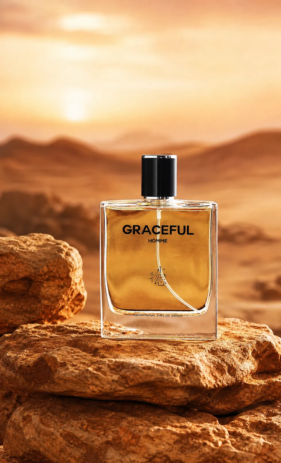 Graceful Homme Perfume Bottle on Desert Rocks｜AI Image Generation Prompts