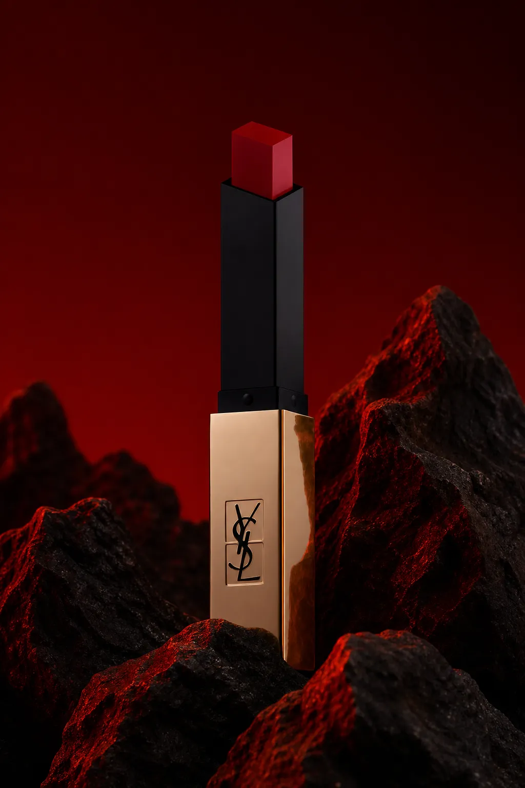 YSL Red Lipstick on Dark Volcanic Rocks｜AI Image Generation Prompts