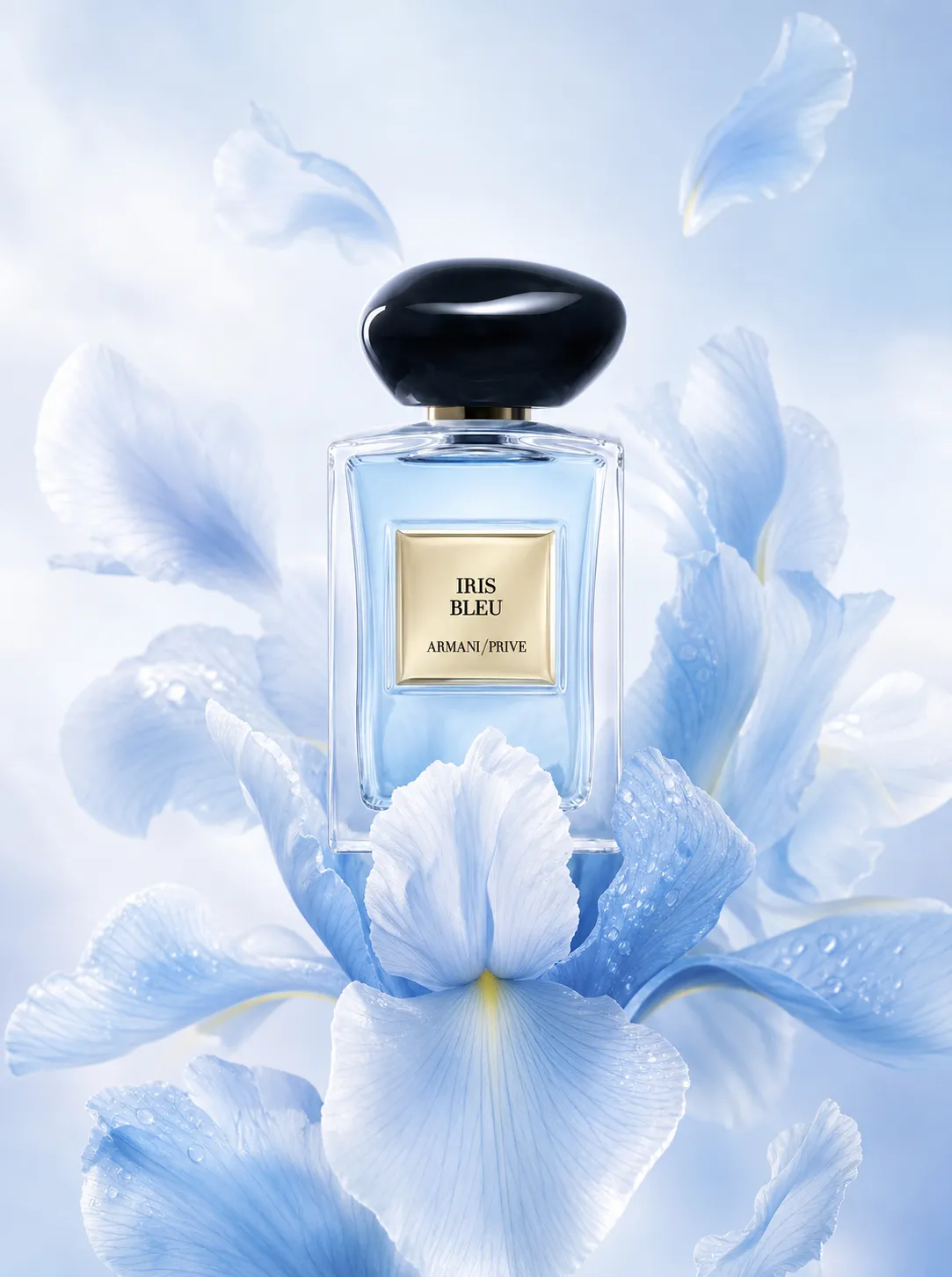 Iris Bleu Armani Prive Perfume Bottle with Blue Flowers｜AI Image Generation Prompts