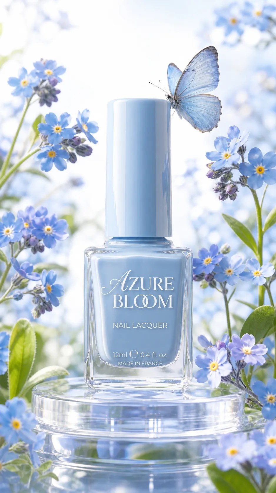 Azure Bloom Blue Nail Lacquer with Butterfly and Flowers｜AI Image Generation Prompts