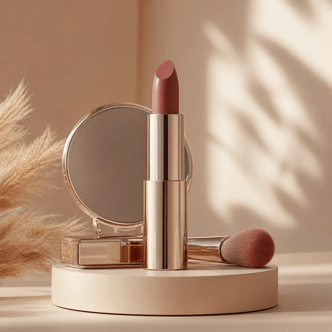 Nude Lipstick with Mirror and Brush on Podium｜AI Image Generation Prompts