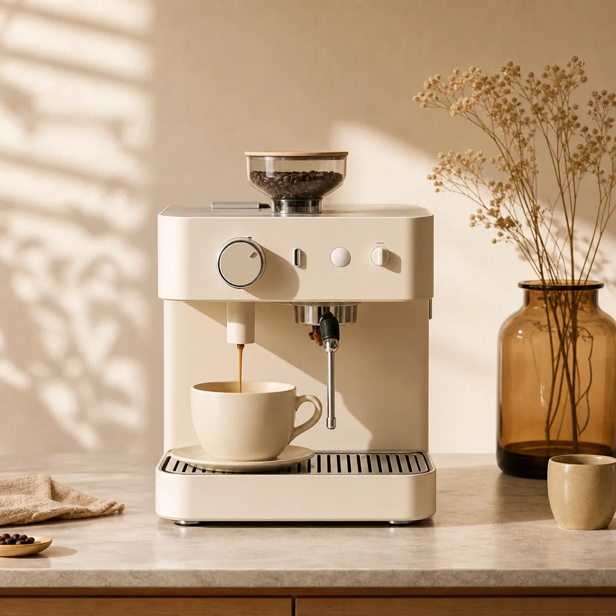 Cream Espresso Machine Brewing Coffee in Modern Kitchen｜AI Image Generation Prompts