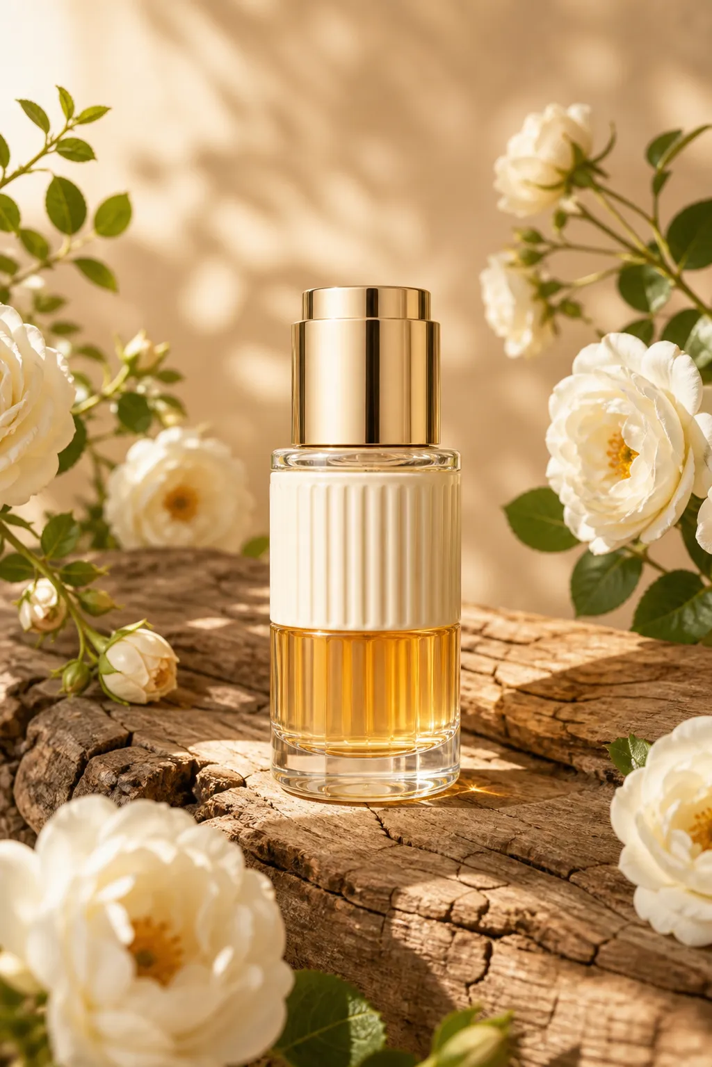 Luxury perfume bottle with white roses on wood｜AI Image Generation Prompts