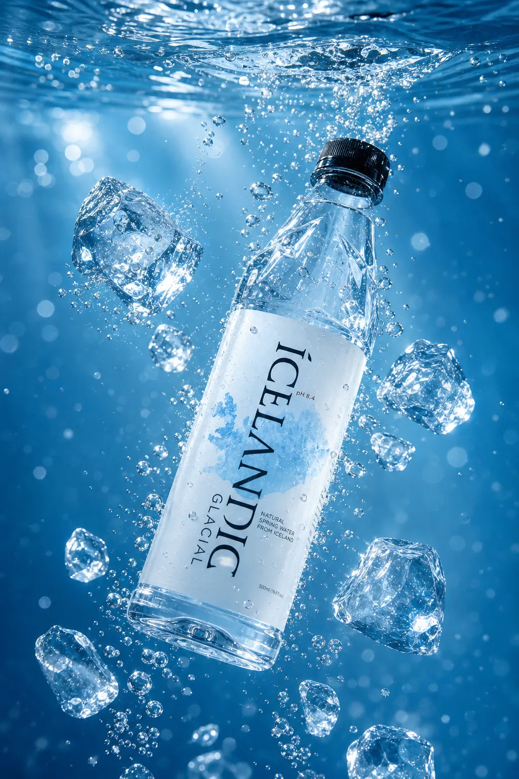 Icelandic Glacial Water Bottle Underwater with Ice｜AI Image Generation Prompts