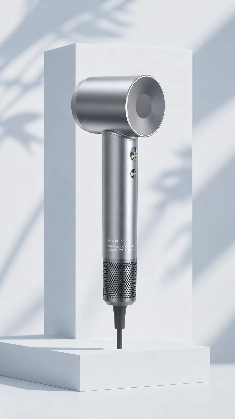 Silver Hair Dryer Mockup on White Pedestal｜AI Image Generation Prompts