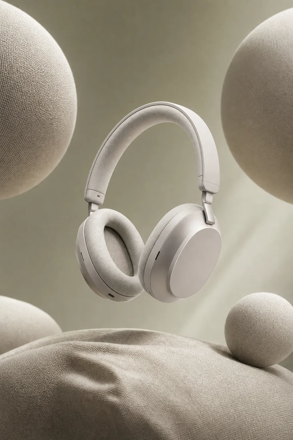 White Over-Ear Headphones Floating Among Textured Spheres｜AI Image Generation Prompts