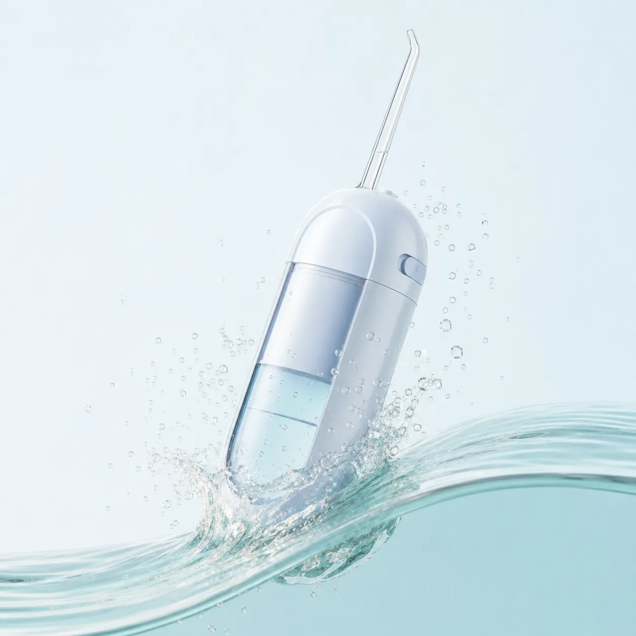 White portable water flosser splashing in clear water｜AI Image Generation Prompts