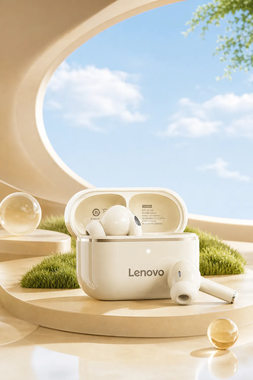 Lenovo White Wireless Earbuds in Open Charging Case｜AI Image Generation Prompts