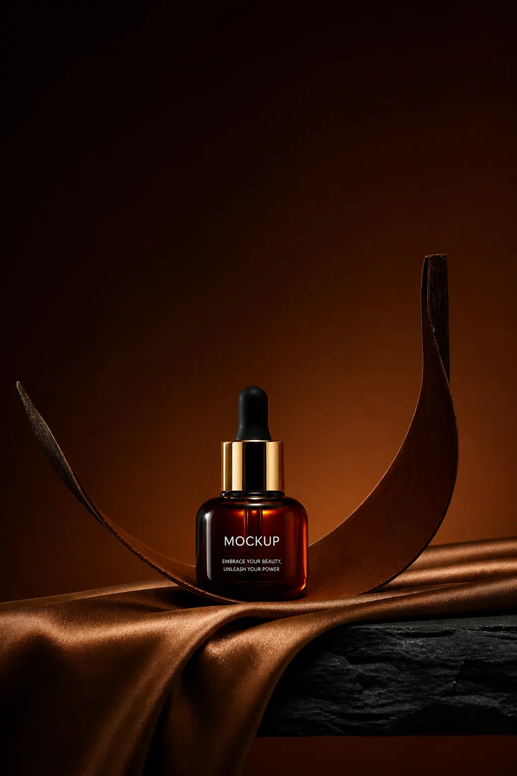 Brown Dropper Bottle Mockup on Silk and Wood｜AI Image Generation Prompts