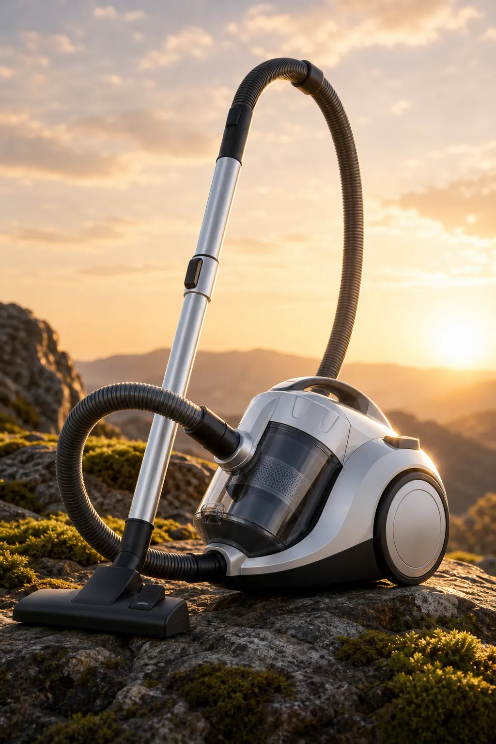 Silver canister vacuum cleaner on rocks at sunset｜AI Image Generation Prompts
