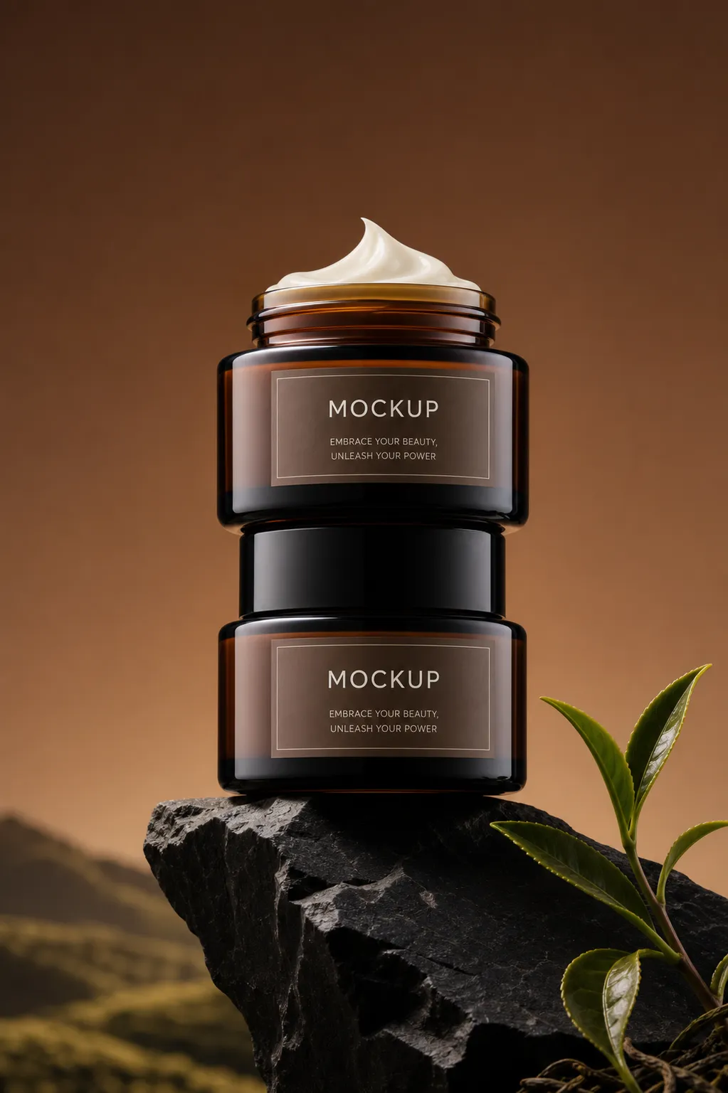 Stacked Amber Glass Cosmetic Jar Mockup with Cream｜AI Image Generation Prompts
