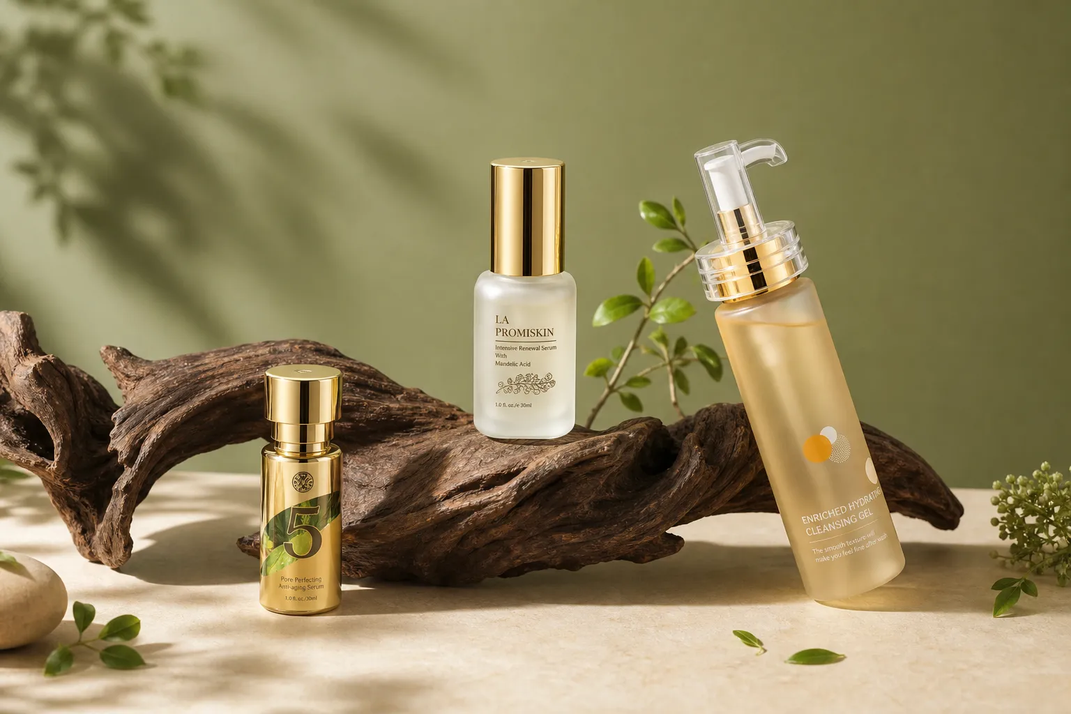 Skincare serum and cleansing gel on driftwood display.｜AI Image Generation Prompts