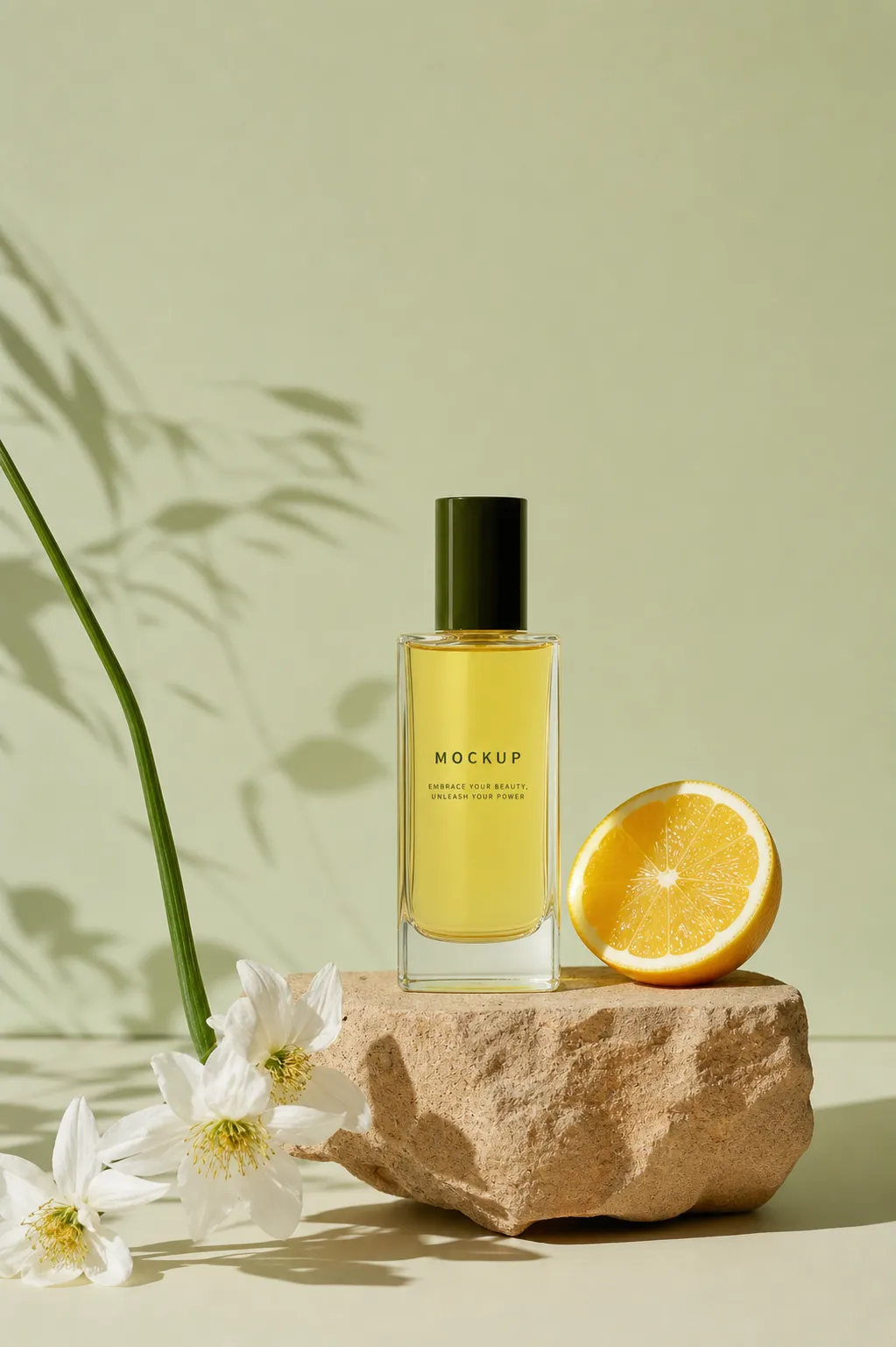 Perfume Bottle Mockup with Orange and White Flowers｜AI Image Generation Prompts