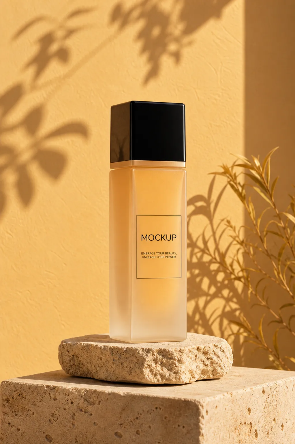 Frosted cosmetic bottle mockup on stone pedestal｜AI Image Generation Prompts