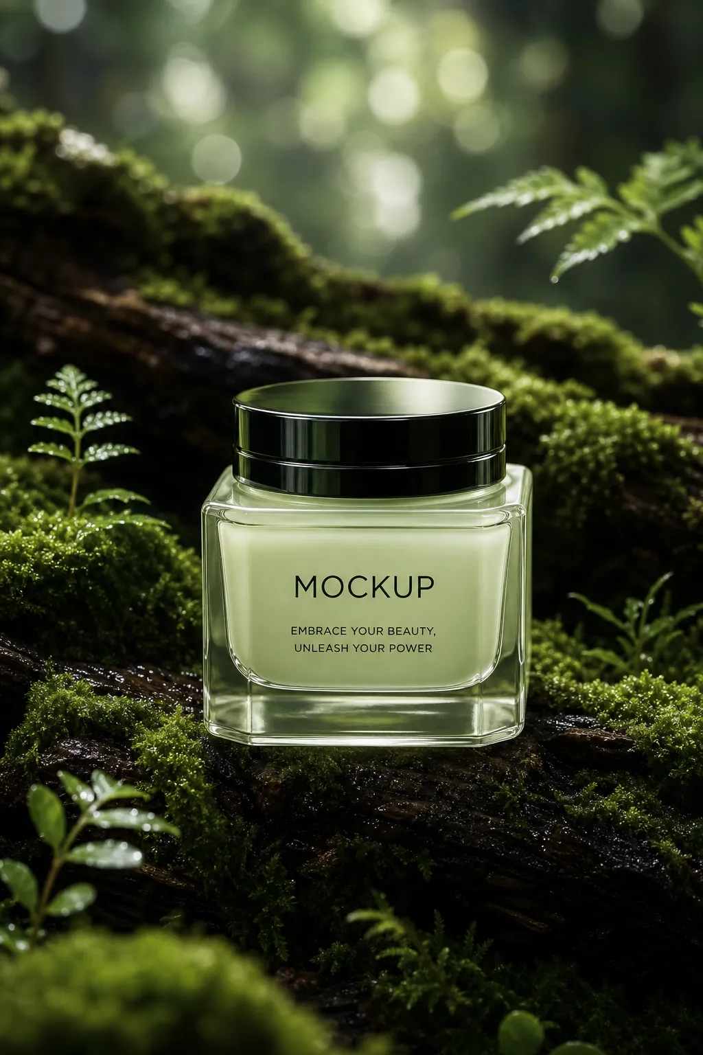 Glass cosmetic jar mockup in a mossy forest setting｜AI Image Generation Prompts
