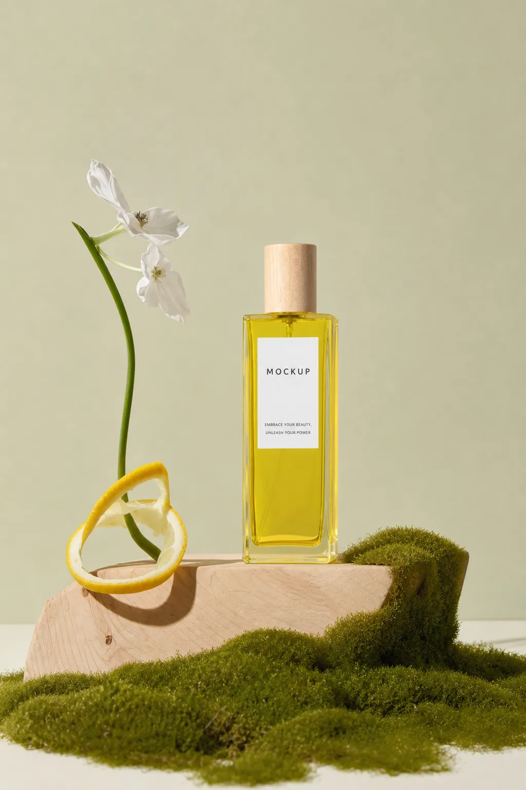 Yellow Perfume Bottle Mockup with Moss and Lemon｜AI Image Generation Prompts