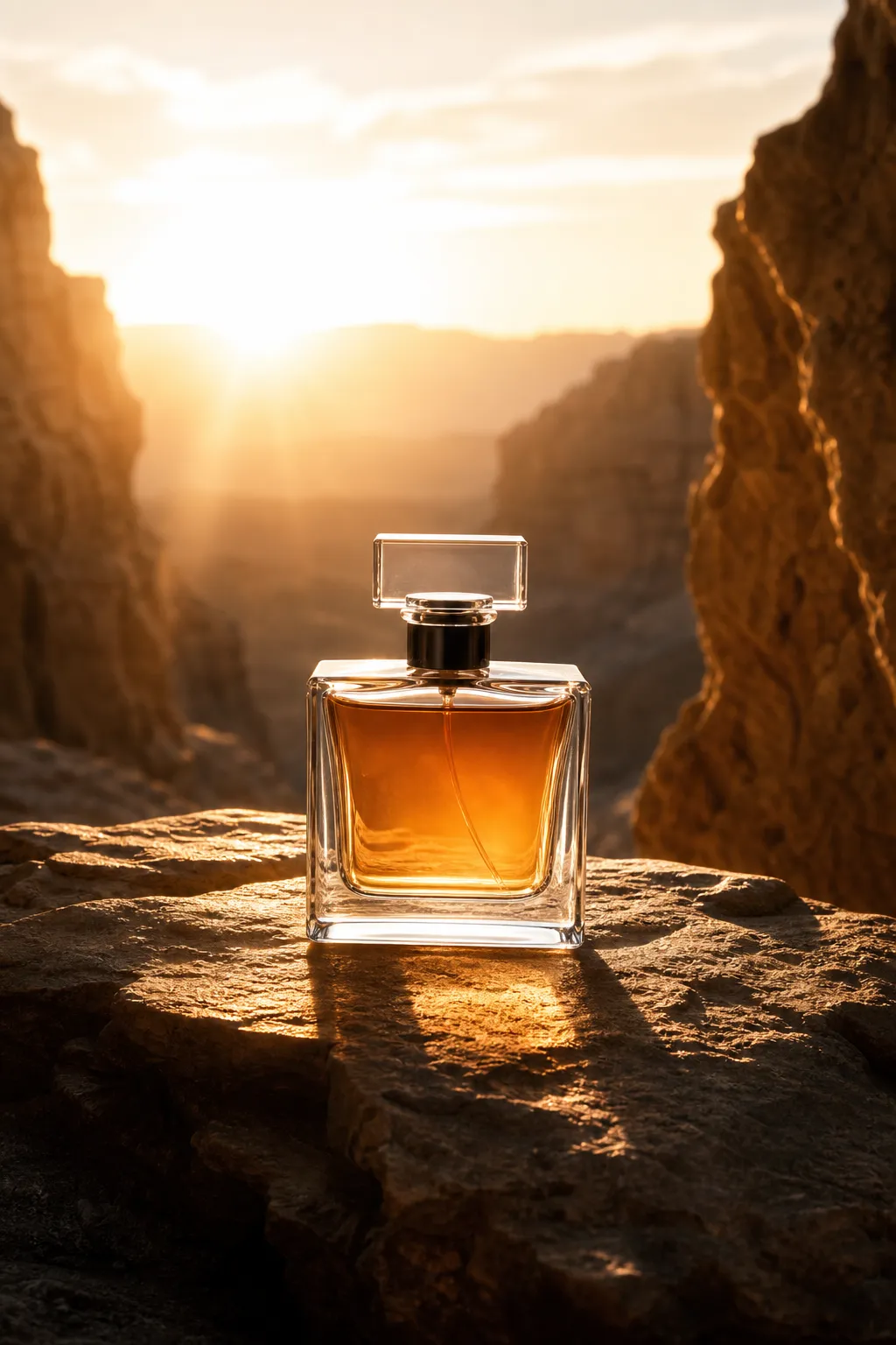 Amber perfume bottle on rock at sunset canyon｜AI Image Generation Prompts