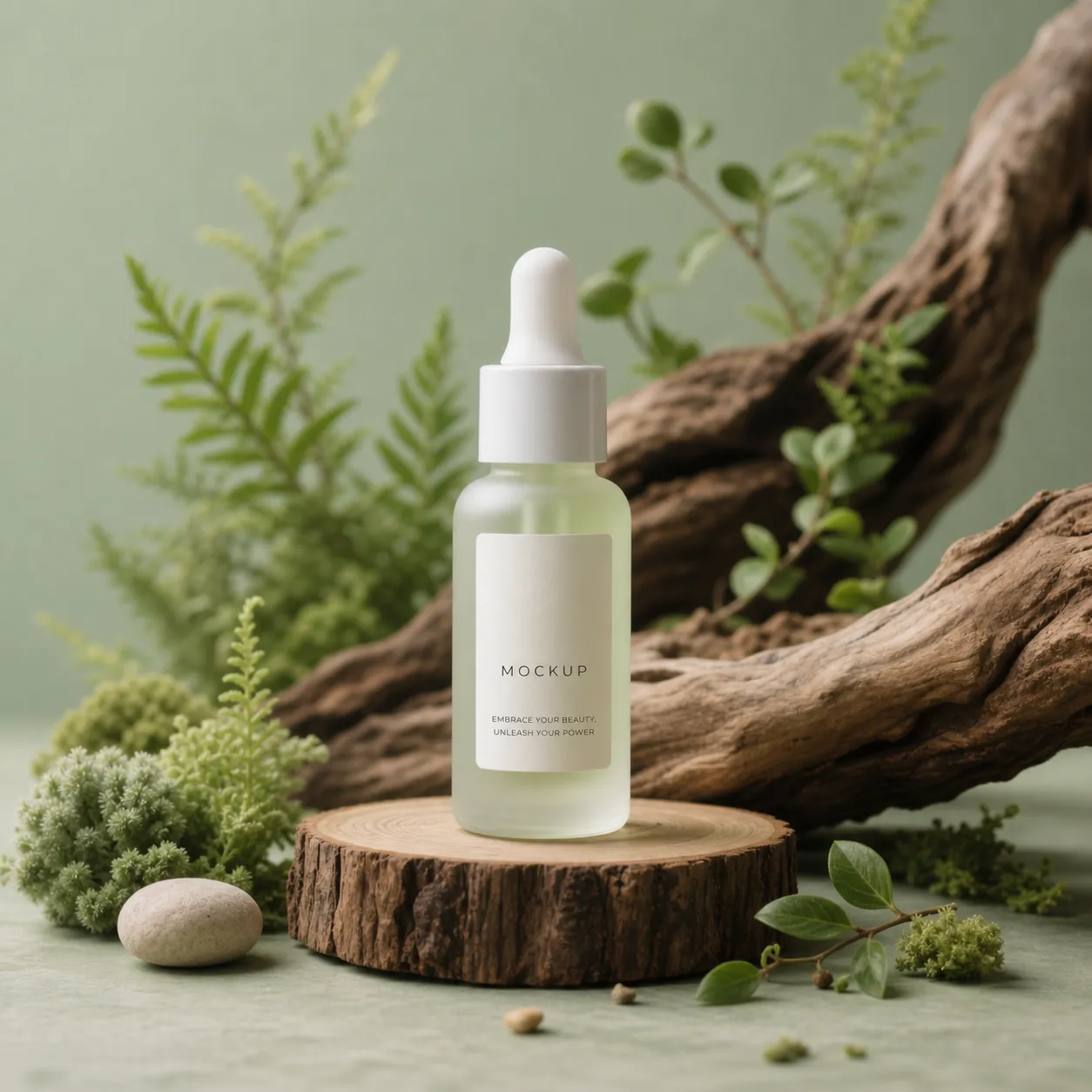 Natural Skincare Dropper Bottle Mockup with Greenery｜AI Image Generation Prompts