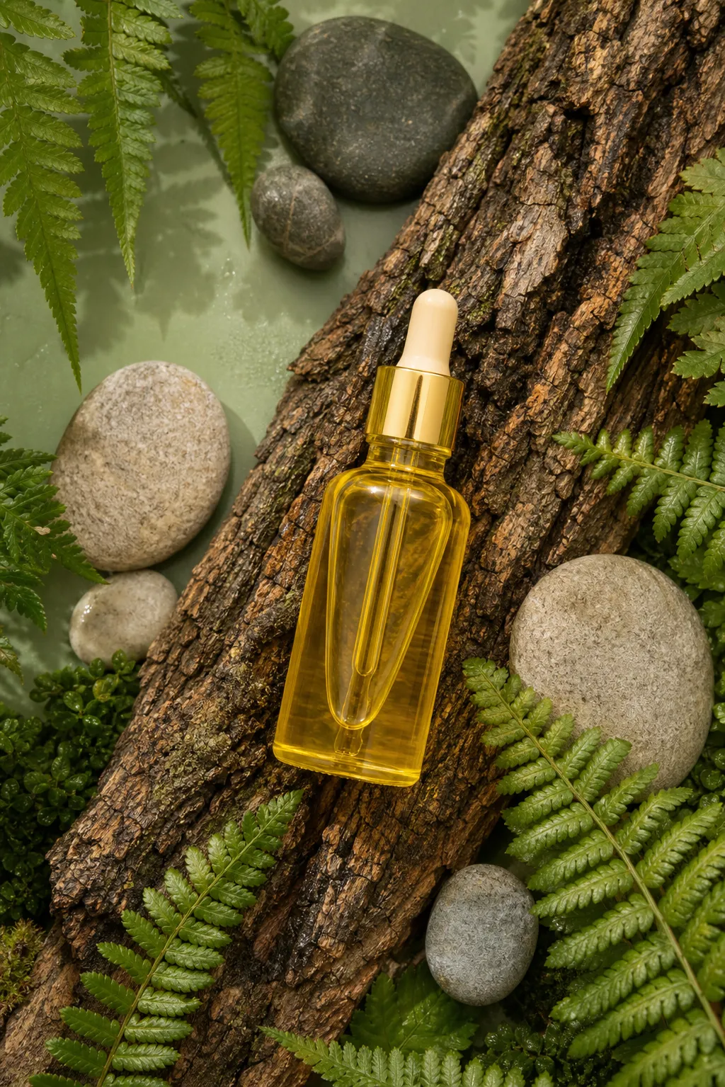 Yellow oil dropper bottle on wood bark with ferns｜AI Image Generation Prompts