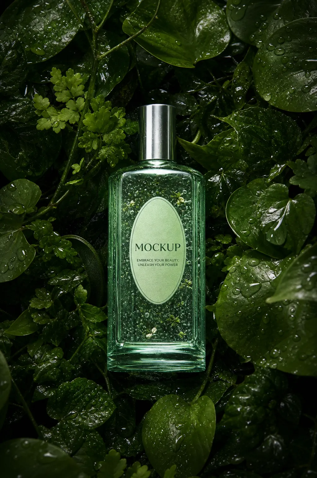 Green Glass Bottle Mockup on Wet Leaves｜AI Image Generation Prompts