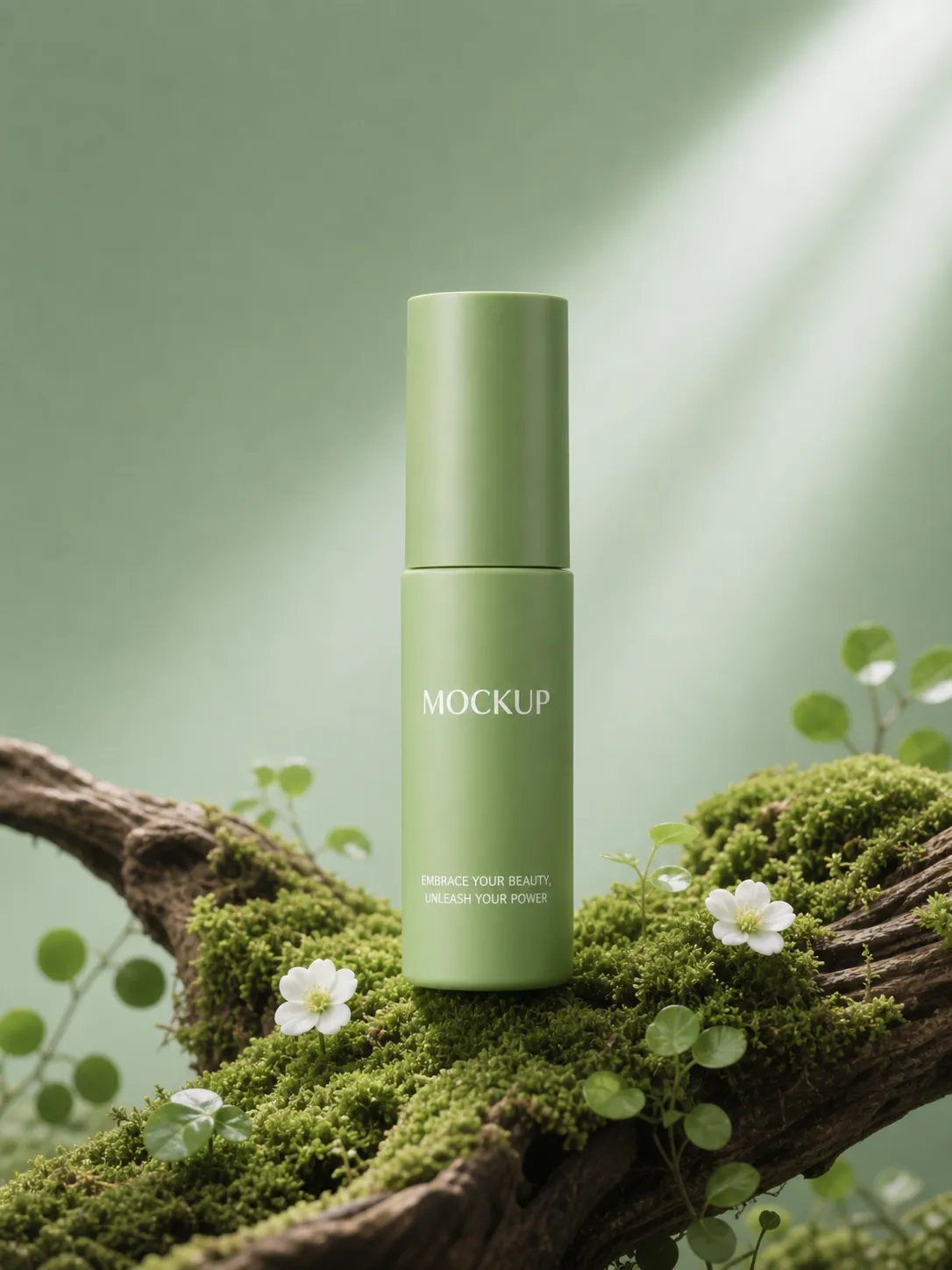 Green cosmetic bottle mockup on mossy branch with flowers｜AI Image Generation Prompts