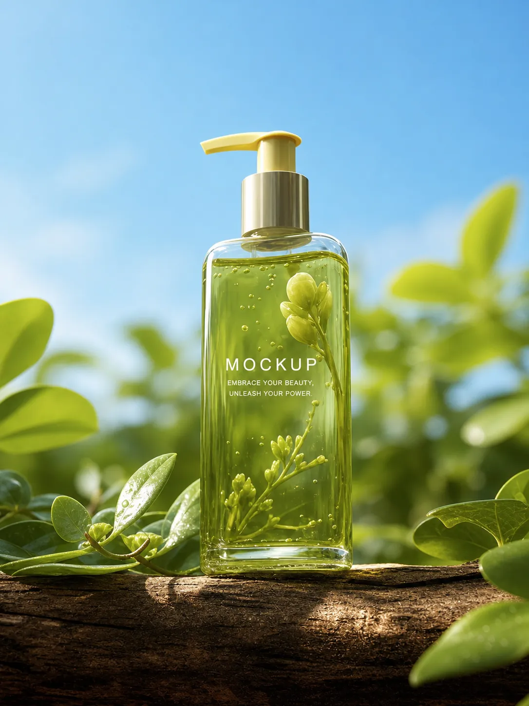 Clear bottle with green liquid and plant mockup｜AI Image Generation Prompts