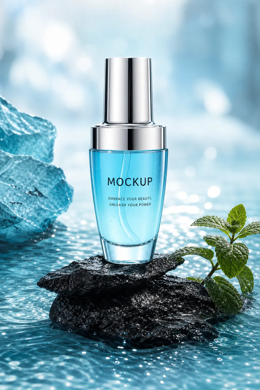 Blue cosmetic bottle mockup on rock in water with mint｜AI Image Generation Prompts