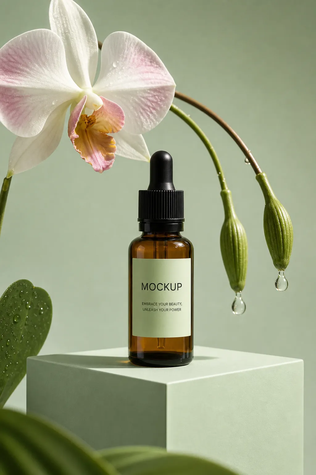 Amber Dropper Bottle Mockup with White Orchid Flower｜AI Image Generation Prompts