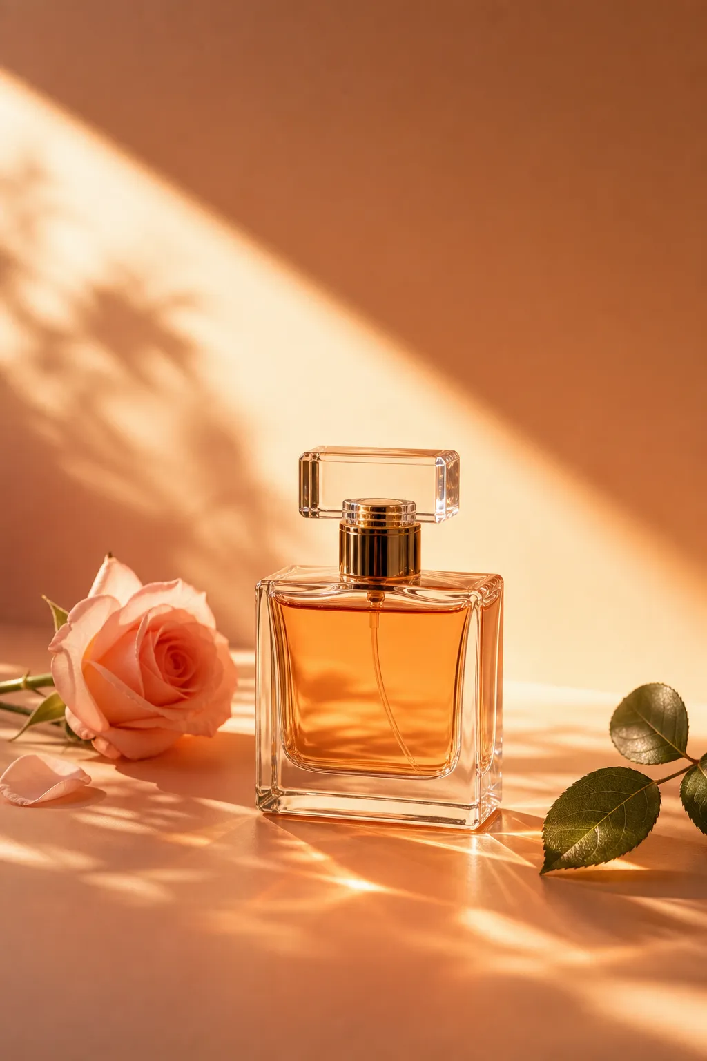 Square glass perfume bottle with pink rose｜AI Image Generation Prompts