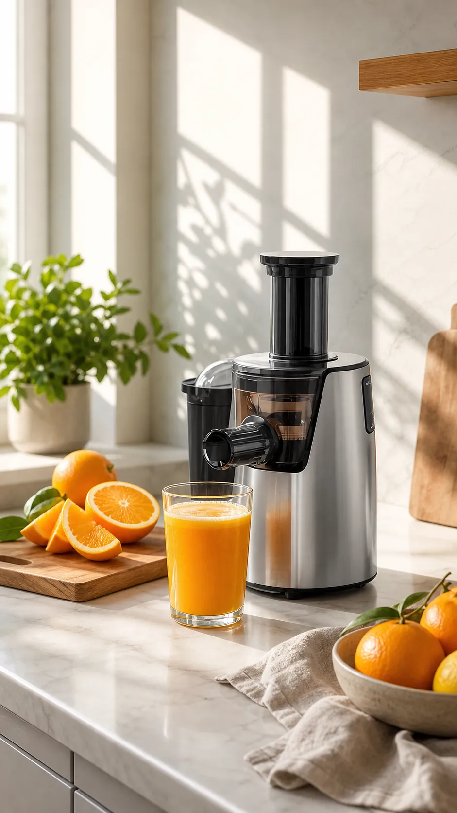 Stainless steel juicer with fresh orange juice and fruit｜AI Image Generation Prompts