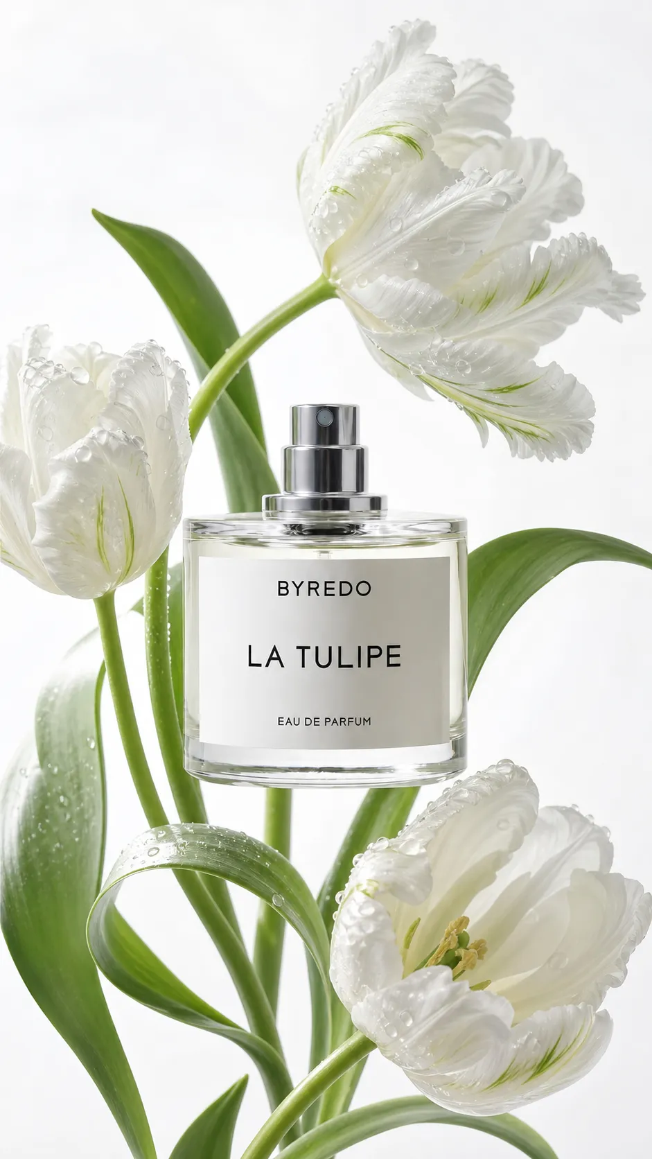 Byredo La Tulipe Perfume Bottle With White Tulips｜AI Image Generation Prompts