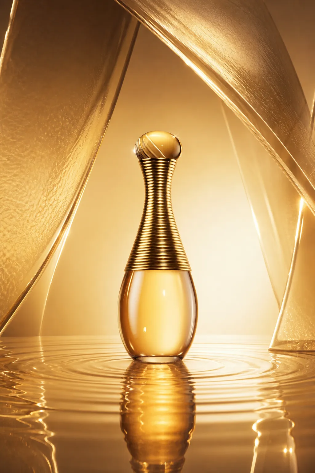 Gold Perfume Bottle on Reflective Liquid Surface｜AI Image Generation Prompts