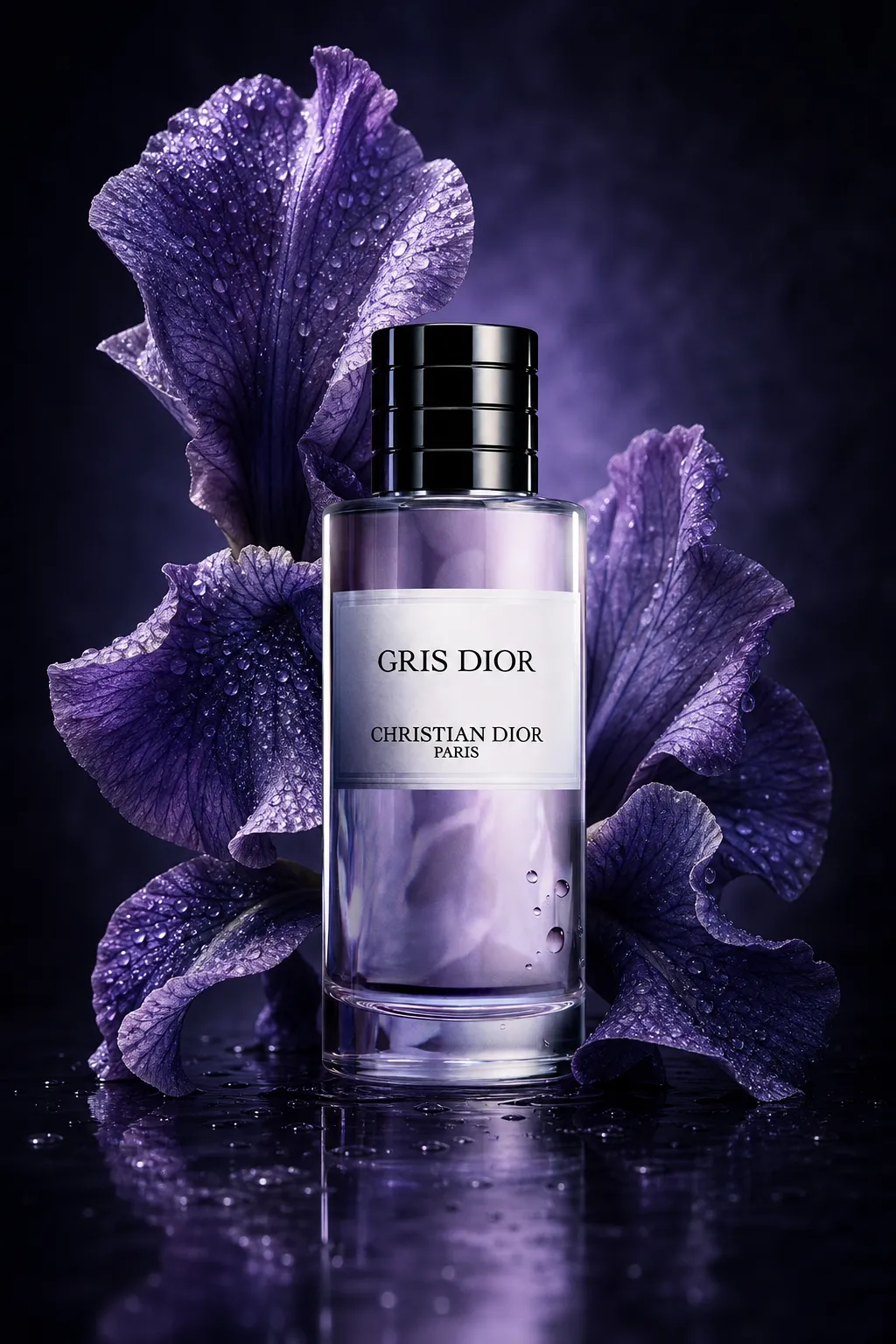 Gris Dior perfume bottle with purple iris flowers｜AI Image Generation Prompts