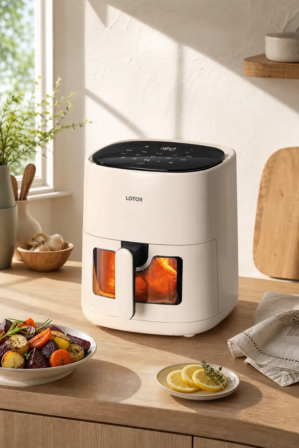 White Lotor Air Fryer with Window on Kitchen Counter｜AI Image Generation Prompts