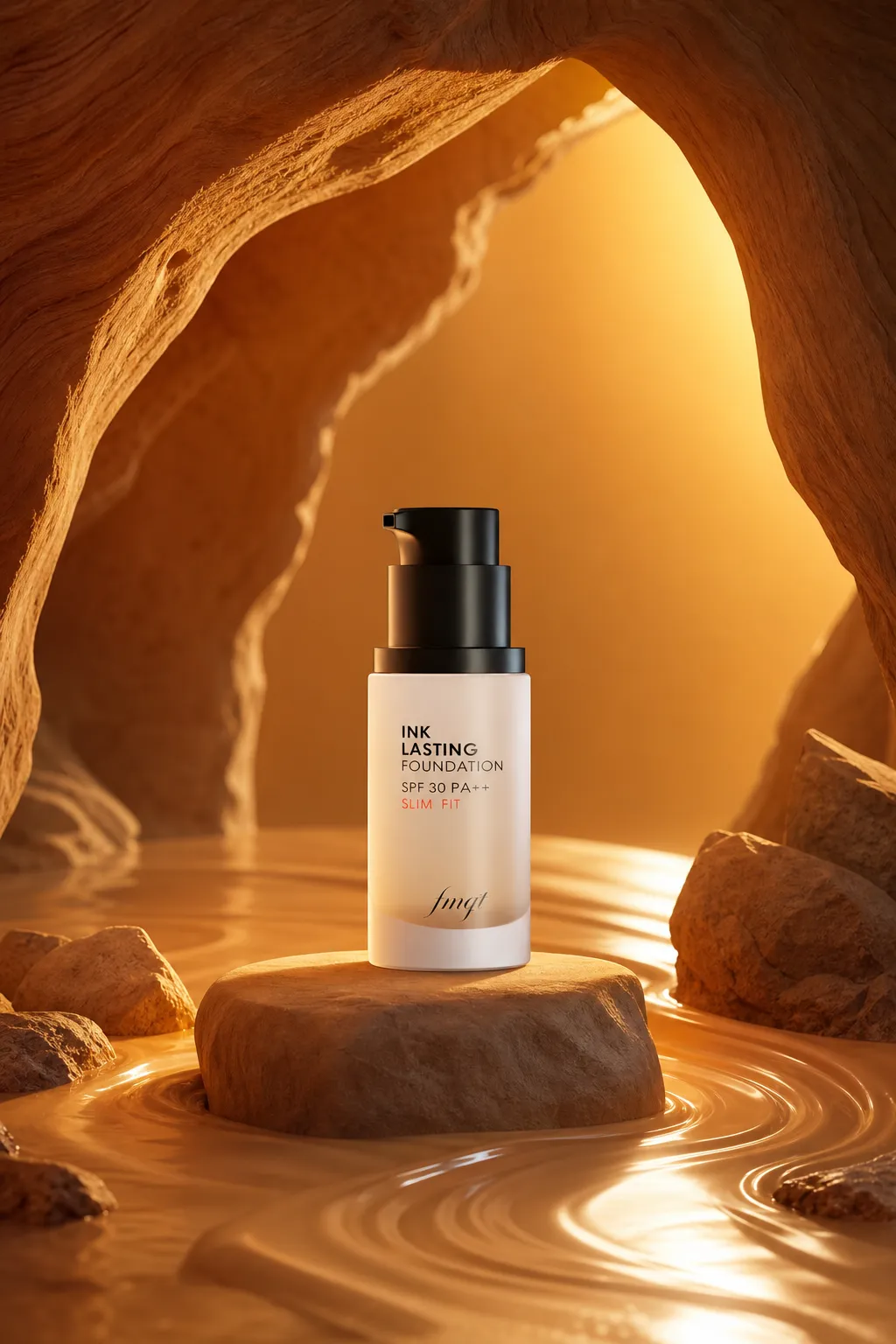 Ink Lasting Foundation Bottle in Golden Cave｜AI Image Generation Prompts