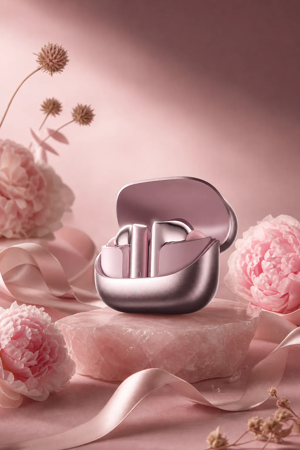 Pink Wireless Earbuds in Charging Case with Flowers｜AI Image Generation Prompts
