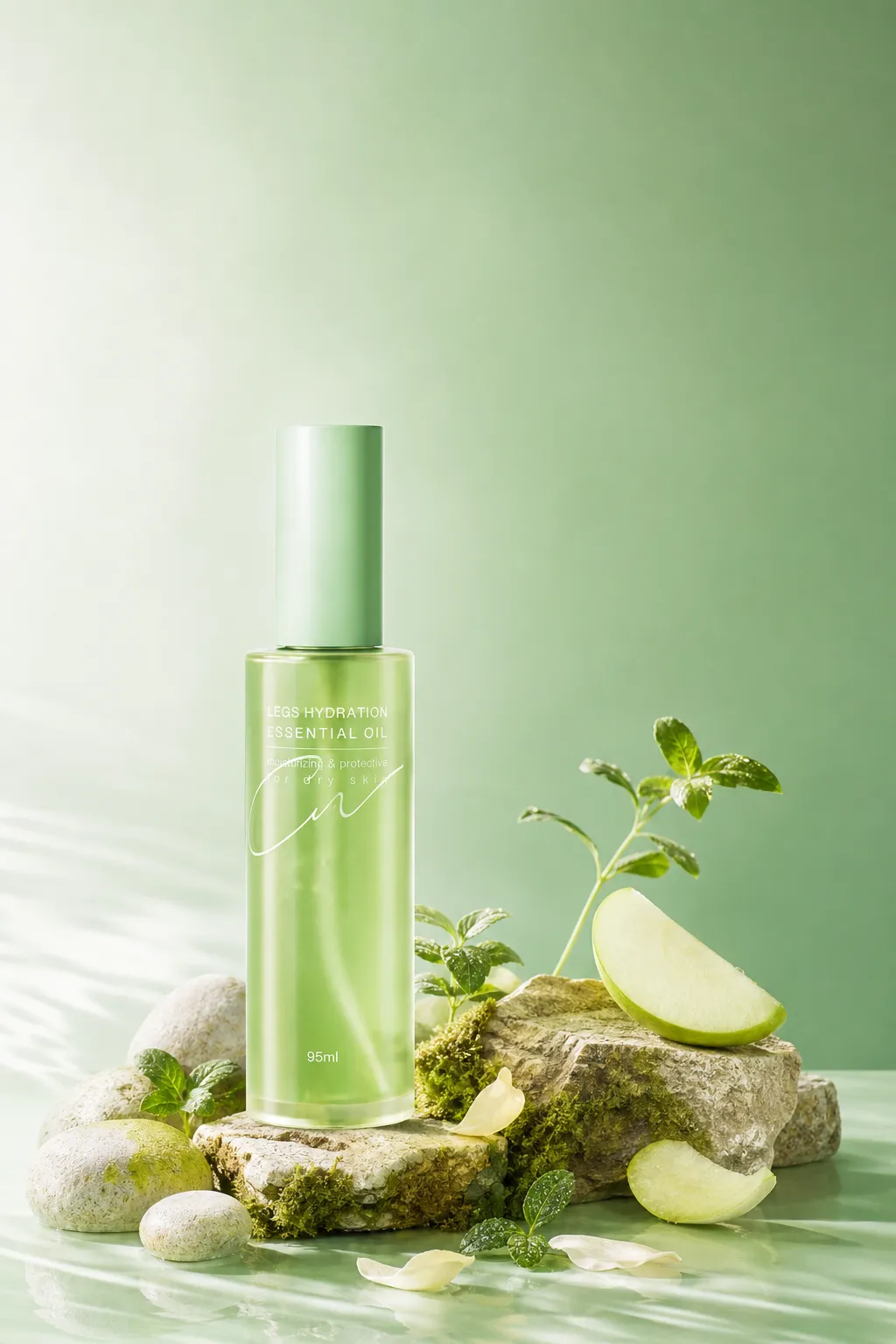 Legs Hydration Essential Oil Bottle on Mossy Rocks｜AI Image Generation Prompts