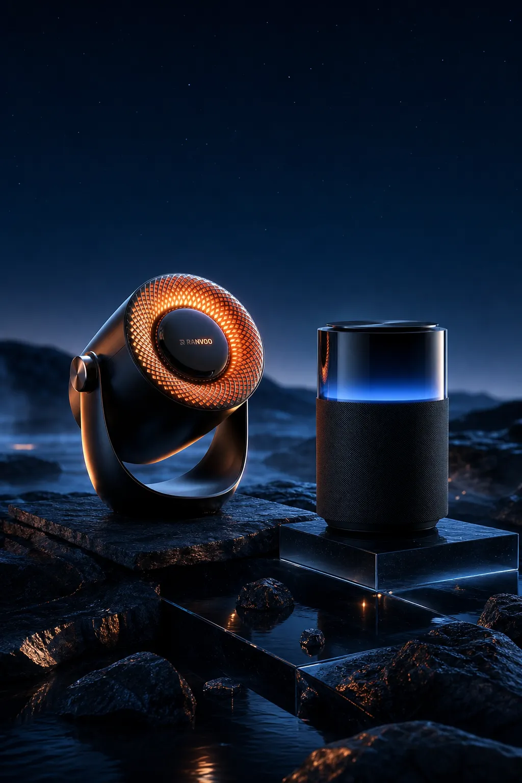 Ranvoo Fan and Smart Speaker on Rocks at Night｜AI Image Generation Prompts